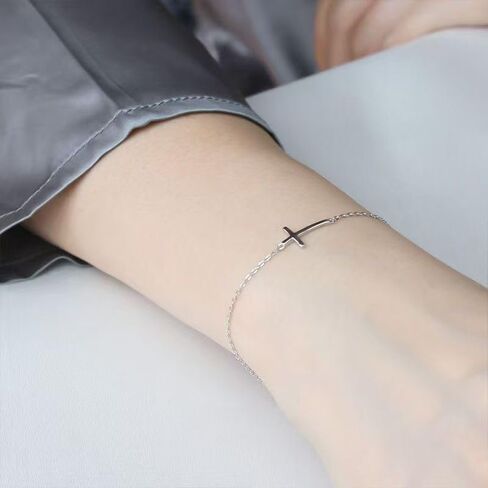 925 Sterling Silver Cross Bracelet for Women - Adjustable 1.1mm Dainty Chain Bracelets with Cross, Cute Tiny Cross Pendant Charm Link Chain Faith Gifts for Women Friends Confirmation Anniversary Birthday - 6+2 Inches in Saudi Arabia