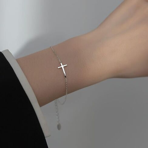 925 Sterling Silver Cross Bracelet for Women - Adjustable 1.1mm Dainty Chain Bracelets with Cross, Cute Tiny Cross Pendant Charm Link Chain Faith Gifts for Women Friends Confirmation Anniversary Birthday - 6+2 Inches in Saudi Arabia