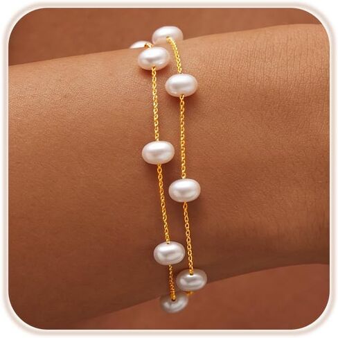14K Gold/Silver Plated Pearl Bracelets for Women, Waterproof Dainty Chain Bracelet Trendy Stackable Beach Summer Peal Beads Link Bracelets Set Fashion Jewelry Gift in Kuwait