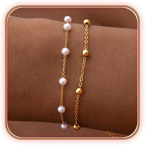 14K Gold/Silver Plated Pearl Bracelets for Women, Waterproof Dainty Chain Bracelet Trendy Stackable Beach Summer Peal Beads Link Bracelets Set Fashion Jewelry Gift in Kuwait