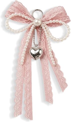 Cute Lace Bow Bag Charm Y2K Coquette Aesthetic Pearl Bow Keychain Heart Purse Totebag Accessorie for Women in Saudi Arabia
