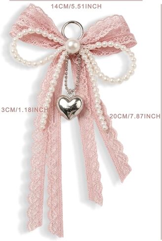 Cute Lace Bow Bag Charm Y2K Coquette Aesthetic Pearl Bow Keychain Heart Purse Totebag Accessorie for Women in Saudi Arabia