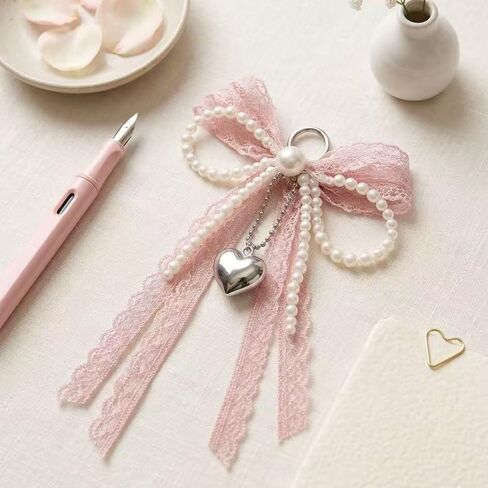 Cute Lace Bow Bag Charm Y2K Coquette Aesthetic Pearl Bow Keychain Heart Purse Totebag Accessorie for Women in Saudi Arabia