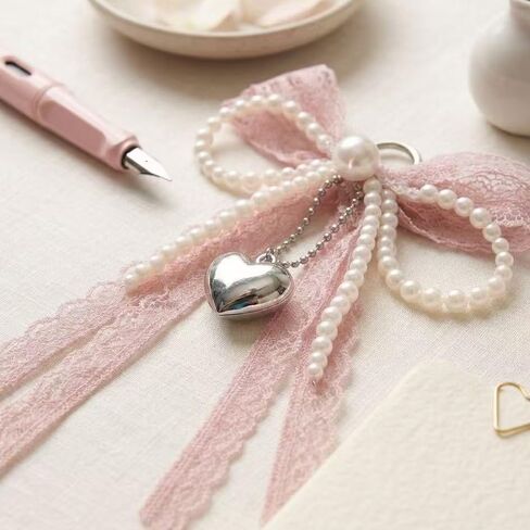 Cute Lace Bow Bag Charm Y2K Coquette Aesthetic Pearl Bow Keychain Heart Purse Totebag Accessorie for Women in Saudi Arabia