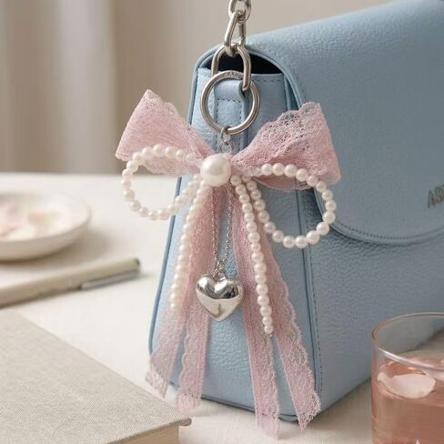 Cute Lace Bow Bag Charm Y2K Coquette Aesthetic Pearl Bow Keychain Heart Purse Totebag Accessorie for Women in Saudi Arabia