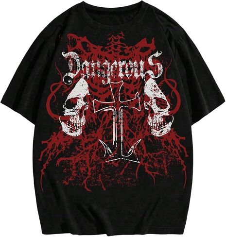 Verdusa Men's Y2k Tops Gothic Skull Cross Graphic Tees Grunge Oversized Tshirts 2000s Clothing in Kuwait