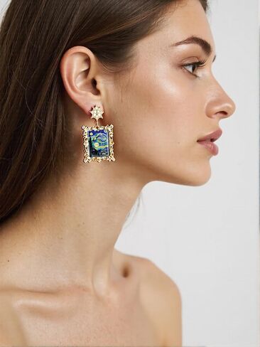 Stainles Stell Metal Vintage Art Starry Sky Oil Painting Earrings Earrings Style Personality Retro Fashion Stud Ms Jewelry Accessories Trendy Creative Gift For Women And Men in Saudi Arabia