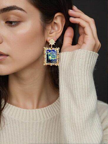 Stainles Stell Metal Vintage Art Starry Sky Oil Painting Earrings Earrings Style Personality Retro Fashion Stud Ms Jewelry Accessories Trendy Creative Gift For Women And Men in Saudi Arabia