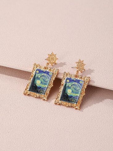 Stainles Stell Metal Vintage Art Starry Sky Oil Painting Earrings Earrings Style Personality Retro Fashion Stud Ms Jewelry Accessories Trendy Creative Gift For Women And Men in Saudi Arabia