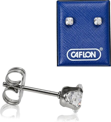 Caflon 24K Gold Plated | Stainless Steel 4mm Cubic Zirconia Stud Earrings | Hypoallergenic Nickel Safe Ear Jewelry | Sparkling Princess Cut Square Silver Tone Crystal with Push-Back Closure | Daily Wear Fashion Jewelry in Kuwait