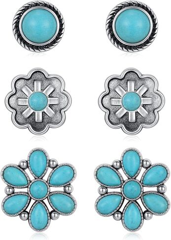 Turquoise Earrings Set for Women – 3 Pairs Lightweight Western Flower Studs, Boho Jewelry Gift for Her in Saudi Arabia
