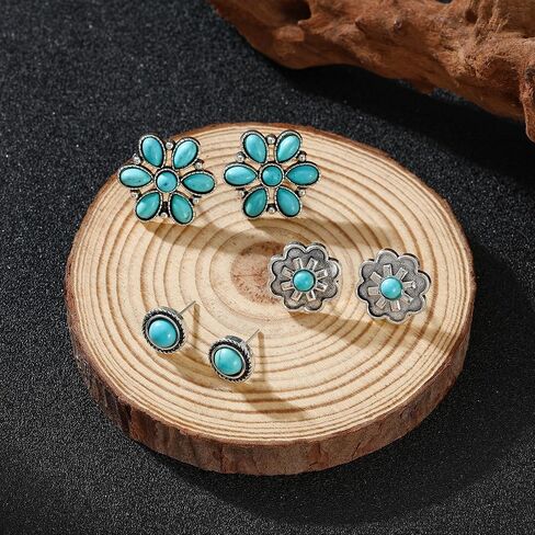 Turquoise Earrings Set for Women – 3 Pairs Lightweight Western Flower Studs, Boho Jewelry Gift for Her in Saudi Arabia