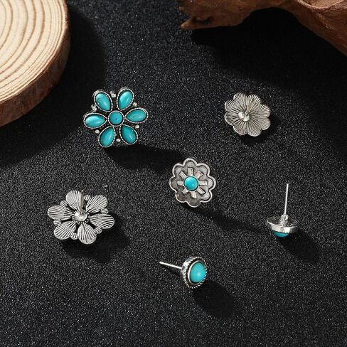 Turquoise Earrings Set for Women – 3 Pairs Lightweight Western Flower Studs, Boho Jewelry Gift for Her in Saudi Arabia