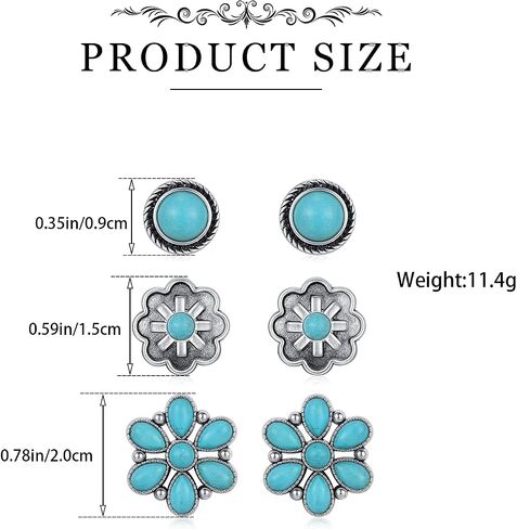 Turquoise Earrings Set for Women – 3 Pairs Lightweight Western Flower Studs, Boho Jewelry Gift for Her in Saudi Arabia