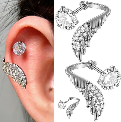 Crystal Angel Wings Cartilage Stud Earrings for Women Stainless Steel Round Cubic Zirconia Wrap Around Helix Conch Earrings Fashion Ear Piercing Jewelry in Saudi Arabia
