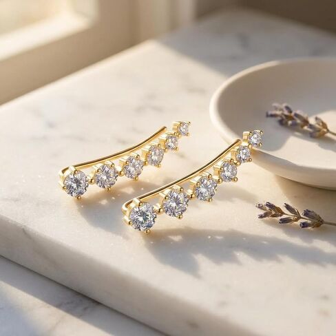 Cubic Zirconia Ear Climber Earrings - 7 Stone Curved Crawler Jewelry for Women, Elegant Gift for Weddings and Special Occasions in Saudi Arabia