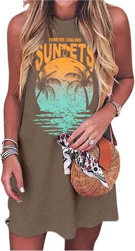 Summer Tank Dress for Women Beach Graphic Mini Tank Dress Sleeveless Beach Dress Short Mini Sun Dresses in Kuwait