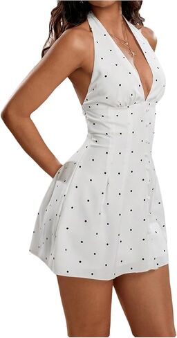 SweatyRocks Women's Polka Dots Deep V Neck Halter Mini Dresses Sexy Tie Backless A Line Date Night Dresses in Saudi Arabia