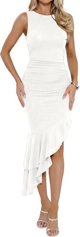 oten Womens Sleeveless Ruched Bodycon Mermaid Mesh Ruffle Hem Flowy Maxi Formal Cocktail Party Slit Dresses in Saudi Arabia