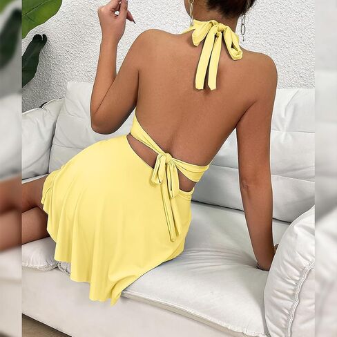 Women's V-Neck Backless Tie Dress, Sexy Bodycon Mini Club Party Dress in Kuwait