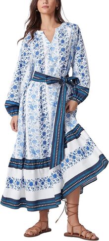 D-Sun Women Boho Maxi Dress Floral Puff Long Sleeves V Neck Tiered A-Line Flowy Long Printed Bohemian Dress with Belt Pocket in Saudi Arabia