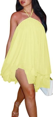 SHINFY Women Summer Halter Neck Mini Dress Sleeveless Backless Swing Flowy Ruffle Beach Vacation Sun Dresses in Saudi Arabia