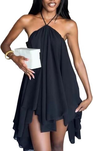 SHINFY Women Summer Halter Neck Mini Dress Sleeveless Backless Swing Flowy Ruffle Beach Vacation Sun Dresses in Saudi Arabia