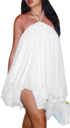 SHINFY Women Summer Halter Neck Mini Dress Sleeveless Backless Swing Flowy Ruffle Beach Vacation Sun Dresses in Saudi Arabia
