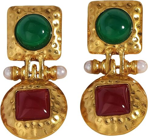 18K Gold Plated Boho Gemstone Earrings for Women Fashionable Alloy Colorful Metallic Earrings Vintage Green Gemstone Drop Earrings in Saudi Arabia