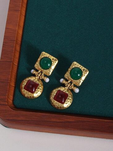 18K Gold Plated Boho Gemstone Earrings for Women Fashionable Alloy Colorful Metallic Earrings Vintage Green Gemstone Drop Earrings in Saudi Arabia