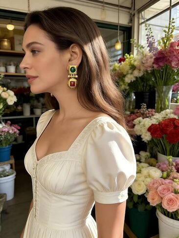 18K Gold Plated Boho Gemstone Earrings for Women Fashionable Alloy Colorful Metallic Earrings Vintage Green Gemstone Drop Earrings in Saudi Arabia
