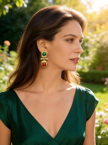 18K Gold Plated Boho Gemstone Earrings for Women Fashionable Alloy Colorful Metallic Earrings Vintage Green Gemstone Drop Earrings in Saudi Arabia
