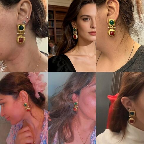 18K Gold Plated Boho Gemstone Earrings for Women Fashionable Alloy Colorful Metallic Earrings Vintage Green Gemstone Drop Earrings in Saudi Arabia