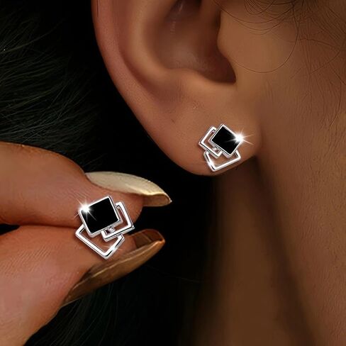 Silver Square Stud Earrings for Women, Dainty Geometric Enamel Stud Earrings Minimalist Fashion Statement Jewelry Daily Party Accessories Gifts in Kuwait