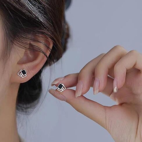 Silver Square Stud Earrings for Women, Dainty Geometric Enamel Stud Earrings Minimalist Fashion Statement Jewelry Daily Party Accessories Gifts in Kuwait