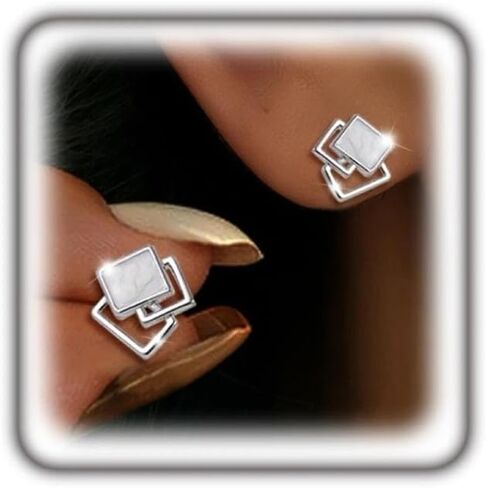 Silver Square Stud Earrings for Women, Dainty Geometric Enamel Stud Earrings Minimalist Fashion Statement Jewelry Daily Party Accessories Gifts in Kuwait