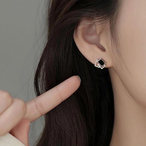 Silver Square Stud Earrings for Women, Dainty Geometric Enamel Stud Earrings Minimalist Fashion Statement Jewelry Daily Party Accessories Gifts in Kuwait