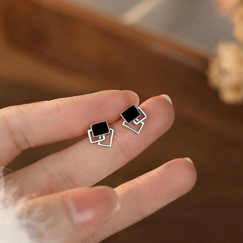 Silver Square Stud Earrings for Women, Dainty Geometric Enamel Stud Earrings Minimalist Fashion Statement Jewelry Daily Party Accessories Gifts in Kuwait