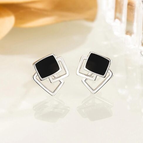 Silver Square Stud Earrings for Women, Dainty Geometric Enamel Stud Earrings Minimalist Fashion Statement Jewelry Daily Party Accessories Gifts in Kuwait