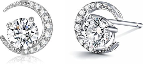 Crescent Moon Moissanite Stud Earrings for Women, S925 Sterling Silver White Gold Plated Dainty Earrings for Sensitive Ears, Celestial Minimalist Jewelry Gift for her in Kuwait