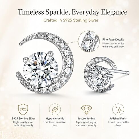 Crescent Moon Moissanite Stud Earrings for Women, S925 Sterling Silver White Gold Plated Dainty Earrings for Sensitive Ears, Celestial Minimalist Jewelry Gift for her in Kuwait