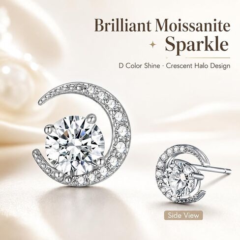 Crescent Moon Moissanite Stud Earrings for Women, S925 Sterling Silver White Gold Plated Dainty Earrings for Sensitive Ears, Celestial Minimalist Jewelry Gift for her in Kuwait