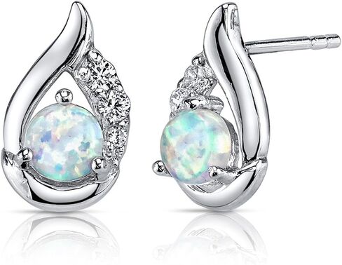 Peora Created Fire Opal Earrings for Women 925 Sterling Silver, 1 Carat total Round Shape 5mm, Friction Backs, October Birthstone, Dainty, Iridescent in Kuwait