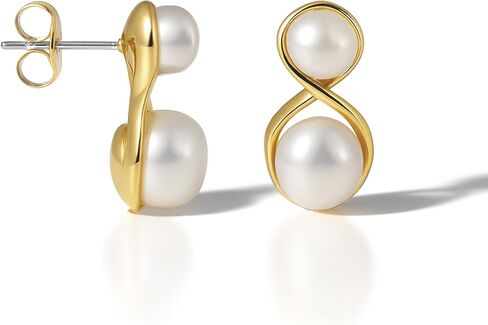 Altitude Boutique Infinity Double Pearl Stud Earrings | AAA Freshwater Cultured Pearls 6–7.5mm | 14K Gold-Plated or Rhodium-Plated with Stainless Steel Posts | Modern Two Pearl Drop Earrings for Women in Saudi Arabia