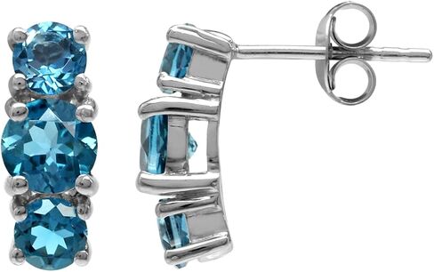 Silvershake Vertical 3-Stone Round Shape Gemstone White Gold Plated or Yellow Gold Plated 925 Sterling Silver Stud Post Earrings Jewelry for Women in Kuwait