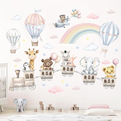 Animal Train & Hot Air Balloons Kids Wall Stickers Rainbow Elephant Giraffe Wall Decals Baby Nursery Bedroom Girls Wall Decor in Saudi Arabia
