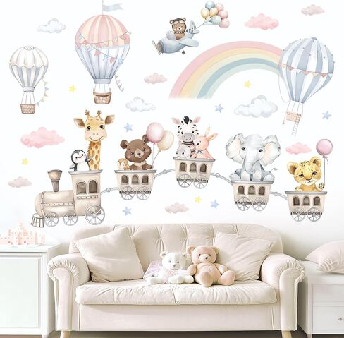 Animal Train & Hot Air Balloons Kids Wall Stickers Rainbow Elephant Giraffe Wall Decals Baby Nursery Bedroom Girls Wall Decor in Saudi Arabia