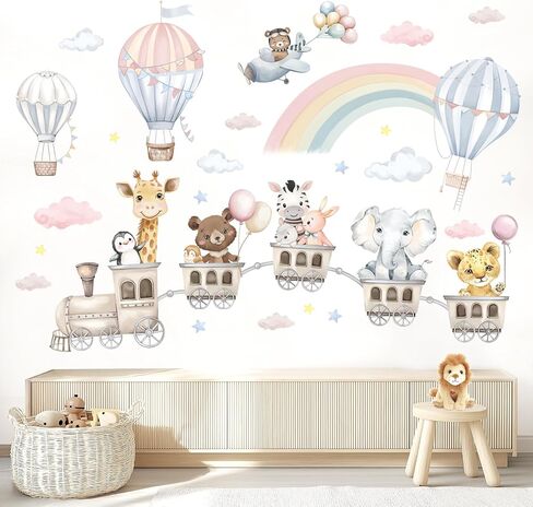 Animal Train & Hot Air Balloons Kids Wall Stickers Rainbow Elephant Giraffe Wall Decals Baby Nursery Bedroom Girls Wall Decor in Saudi Arabia