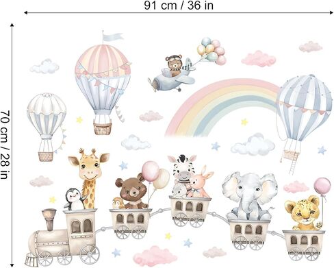 Animal Train & Hot Air Balloons Kids Wall Stickers Rainbow Elephant Giraffe Wall Decals Baby Nursery Bedroom Girls Wall Decor in Saudi Arabia