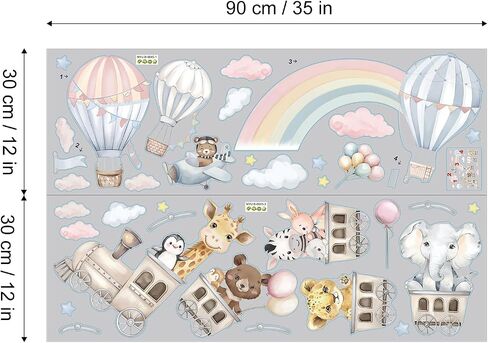 Animal Train & Hot Air Balloons Kids Wall Stickers Rainbow Elephant Giraffe Wall Decals Baby Nursery Bedroom Girls Wall Decor in Saudi Arabia